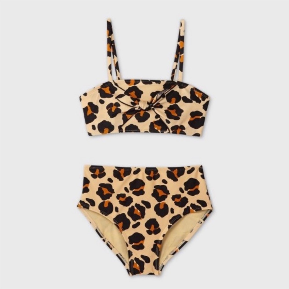 Art Class girls tie front detail leopard print high waist bikini. Small 6/6x